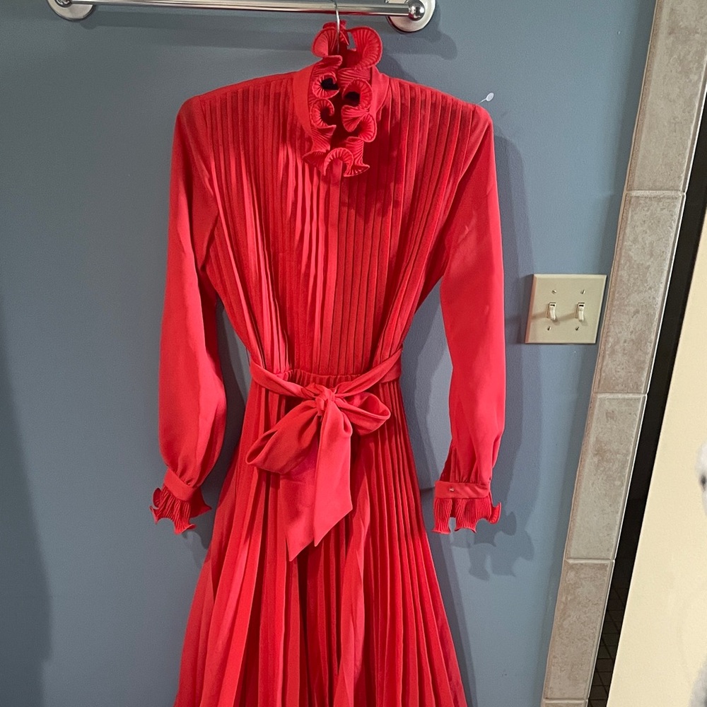 Deadstock 60s 70s 80s Howard Wolf Red Accordion Long-Sleeve High Neck Dress